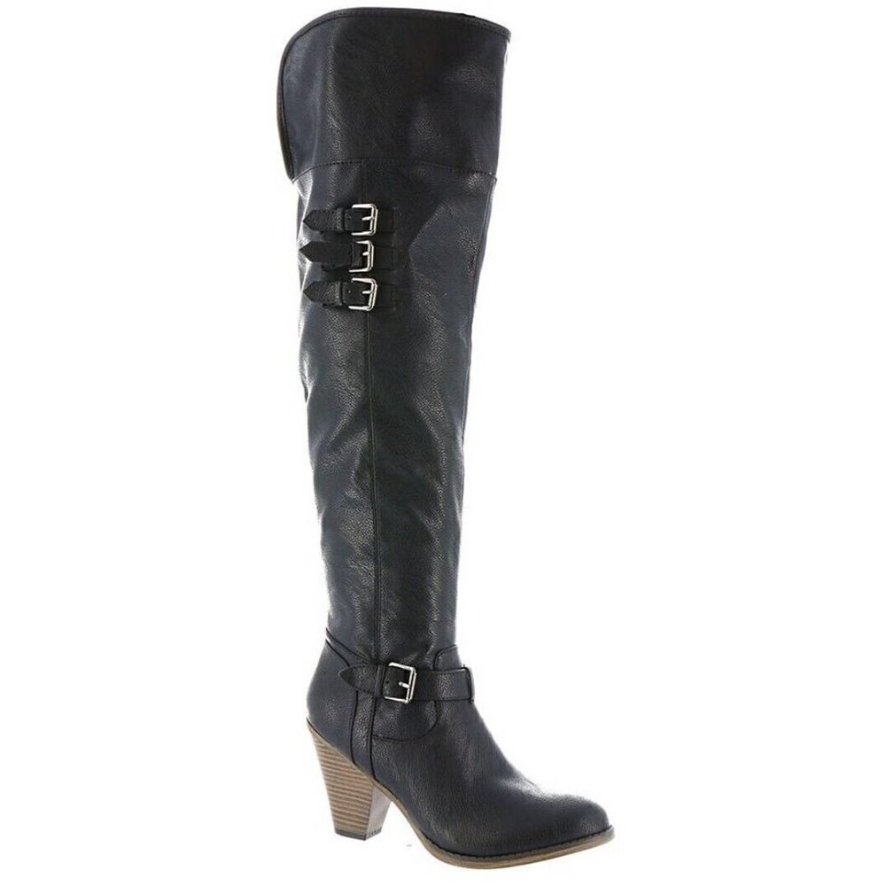MIA Farley Over The Knee Heeled Boots Solid Black Buckle Accent Side Zip Sz 6.5